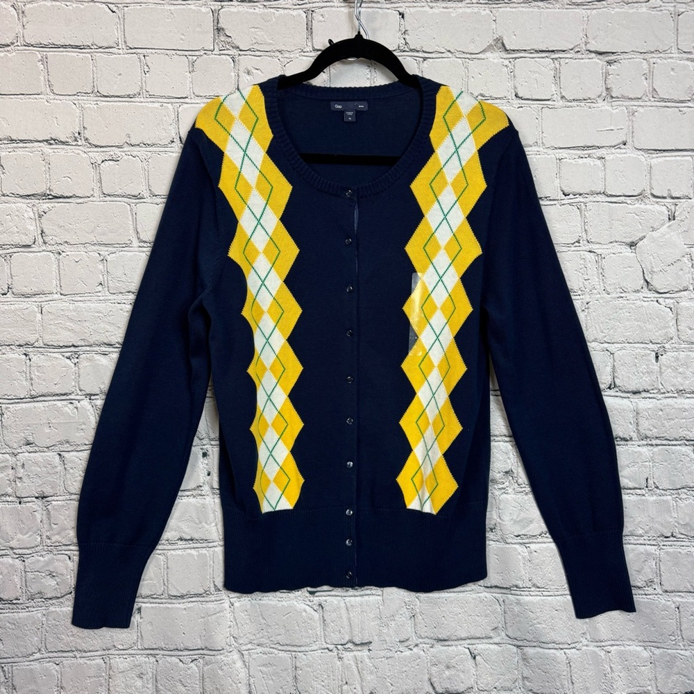 Gap NWOT Navy Button Down Caridigan Yellow Green Argyle Diamond Y2K Preppy Sz XL - Picture 1 of 12